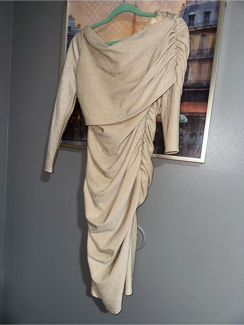 SHEIN Champagne Shimmer Ruched Long Sleeve Draped Dress